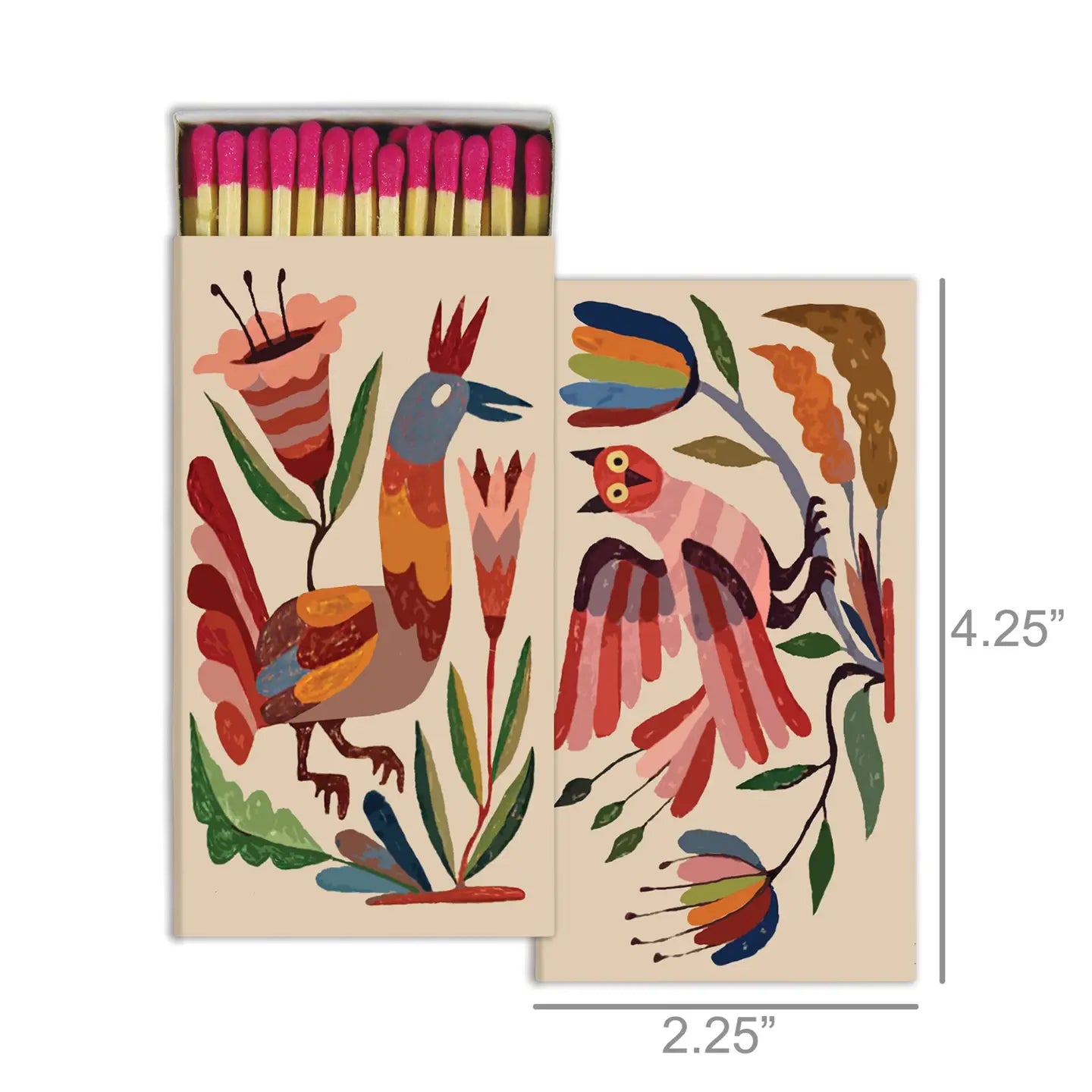 The HomArt Matches make an ideal hostess gift, offering safety matches in a 2.25 x 4.25-inch matchbox adorned with colorful abstract birds, leaves, and flowers.