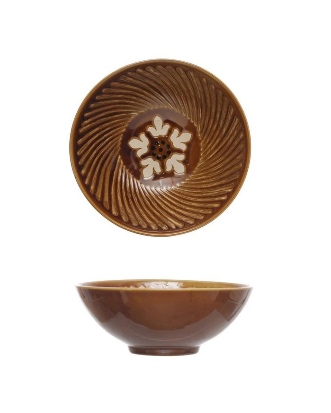 Two views of the Creative Co-op Brown Serving Bowl: one displaying the exterior side view and the other showcasing the interior. The interior features a decorative pattern with radial grooves and a central floral motif in contrasting lighter tones. This hand-painted stoneware bowl combines craftsmanship and elegance.