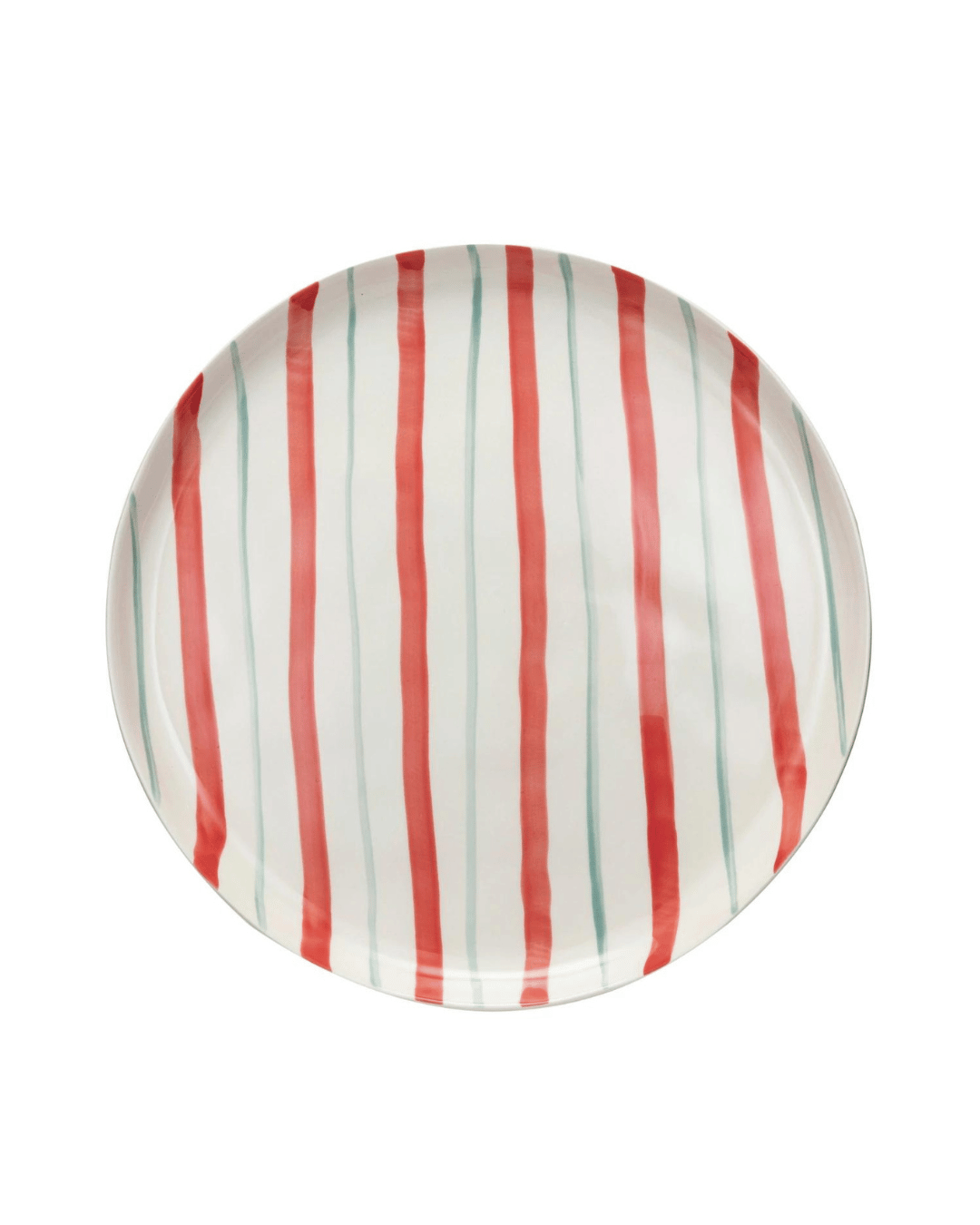 The Creative Co-op Hand Painted Plate features a charming design with vertical red and light blue stripes on a white background. The colorful and cheerful pattern alternates between thicker red stripes and thinner light blue ones. This versatile dinnerware piece is evenly proportioned and boasts a glossy finish.