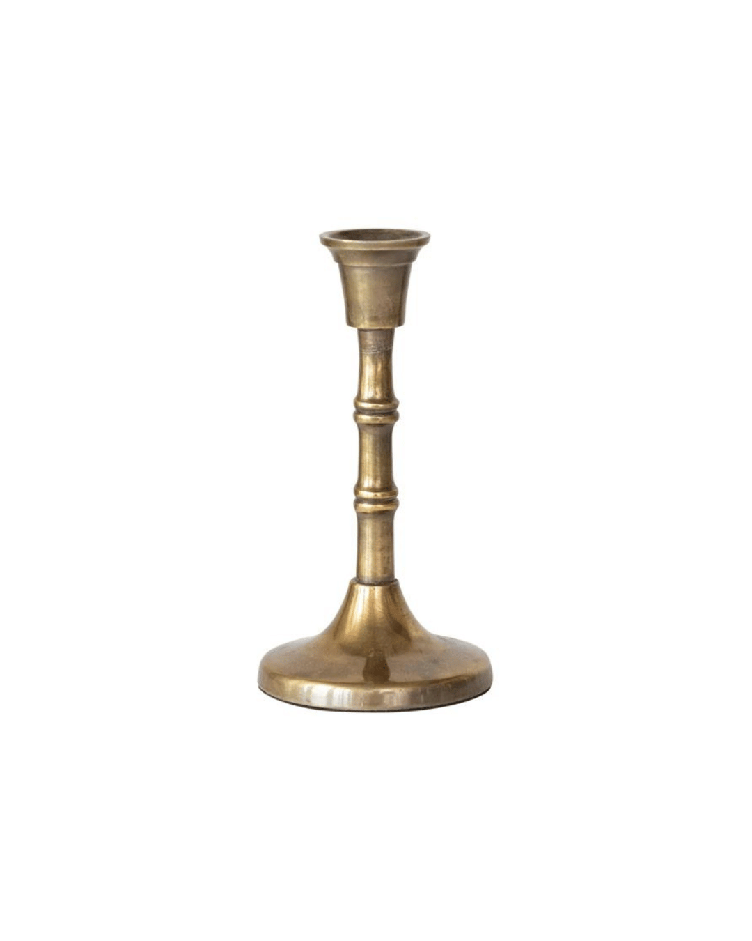 The TAPER HOLDER by Creative Co-op is a vintage brass candlestick holder with a slender, segmented stem and a wide, round base. Featuring a rustic, antique brass finish, this holder is designed to accommodate a single candle. Perfect for home decor, its brass surface shows signs of age that enhance its charm and character.