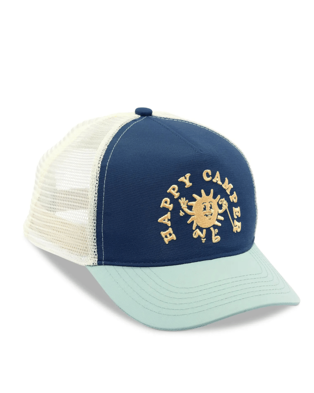 The Happy Camper Youth Trucker Hat by Faire features a blue and mint green design with durable nylon, a mesh back, and a sun graphic with "HAPPY CAMPER" in beige embroidery on the front.