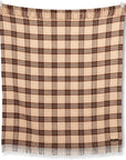 The S&A Blanket by Faire displays a vintage-inspired beige and brown plaid with a woven pattern, fringe edges, and a small fabric label in one corner, shown flat against a white background.