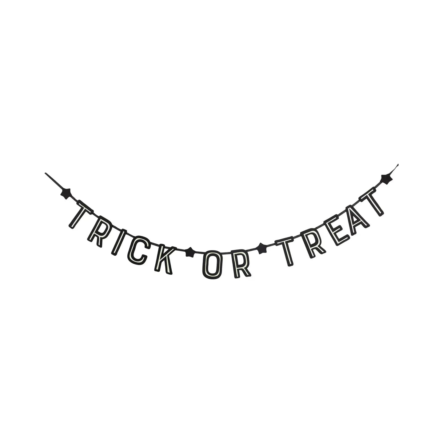 The My Mind's Eye Bunting Banner features black "Trick or Treat" letters hanging individually for a festive Halloween display, perfect for adding spooky style to your celebration.