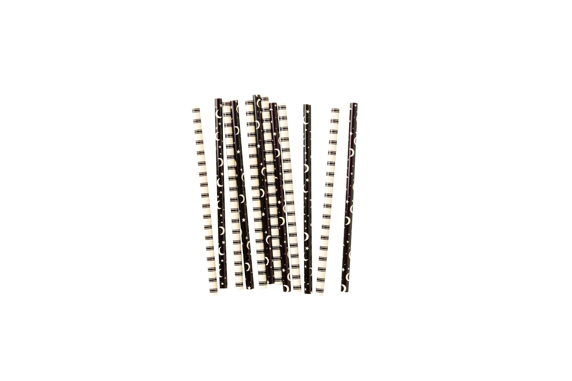 MME Reusable Straws by My Mind's Eye in black with white stripes and zigzag patterns stand upright against a white background—ideal for adding style to any table setting.