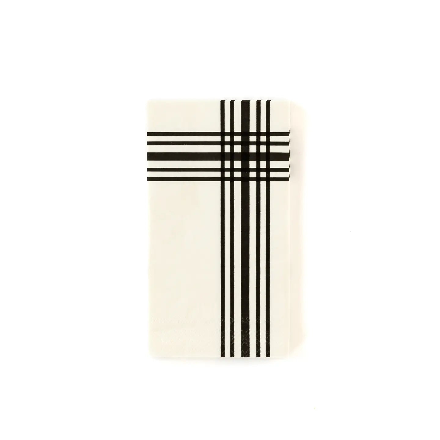 The MME Napkin by Faire features a white rectangular design with a plaid pattern of black intersecting lines in one corner, set against an otherwise plain white background.