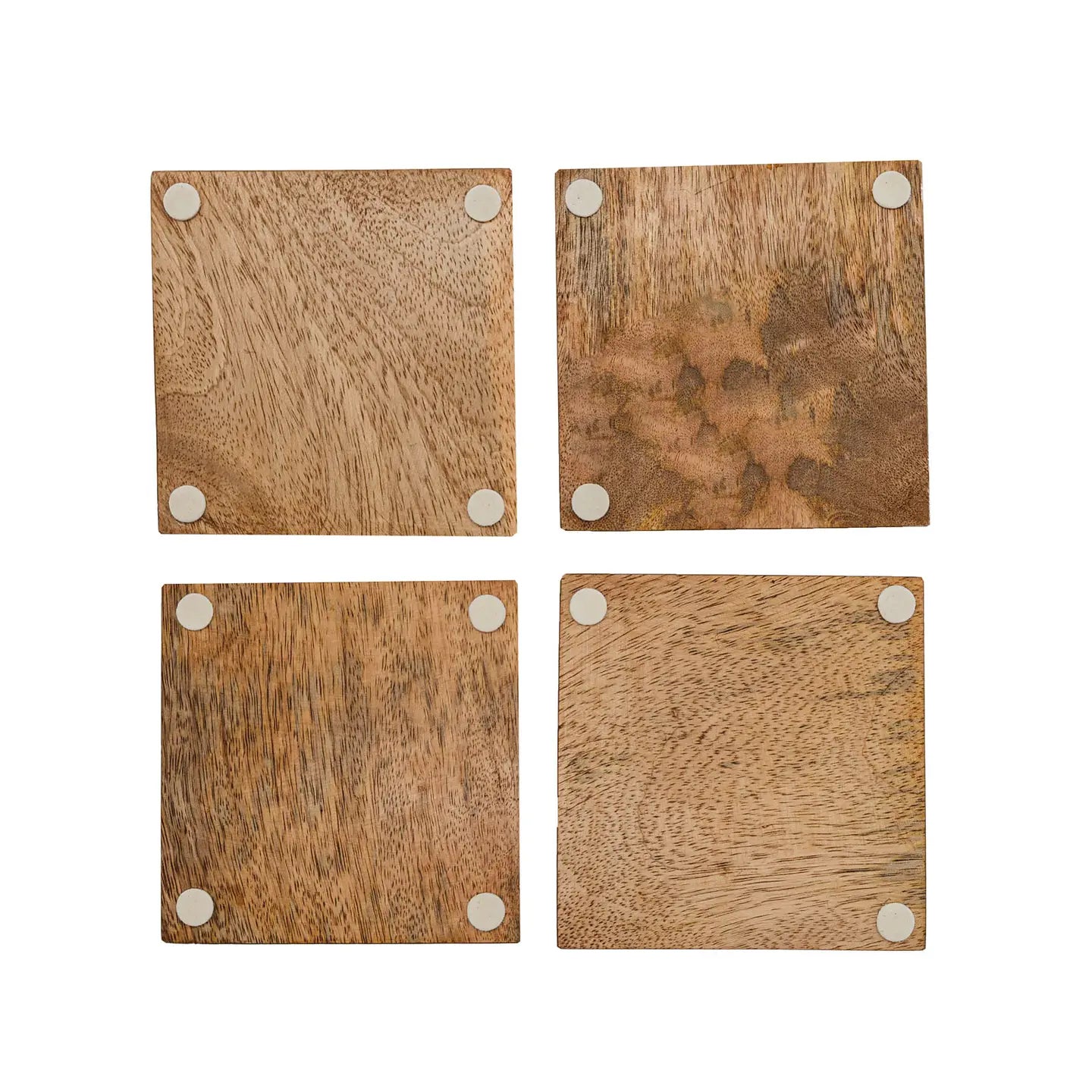 The Stars & Stripes Coasters by Faire are a set of four wooden coasters with visible wood grain and round rubber pads at each corner—ideal as farmhouse home decor or thoughtful hostess gifts.