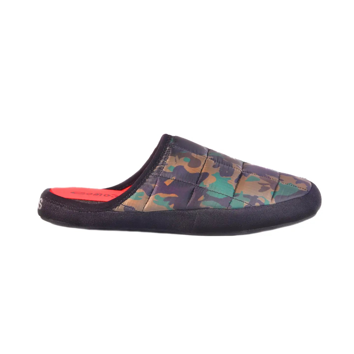 The Faire Coma Toes is a slip-on lounge slipper with a camouflage-patterned upper, black trim and sole, a bright red cushioned insole, and an open back for easy on-and-off comfort at home.