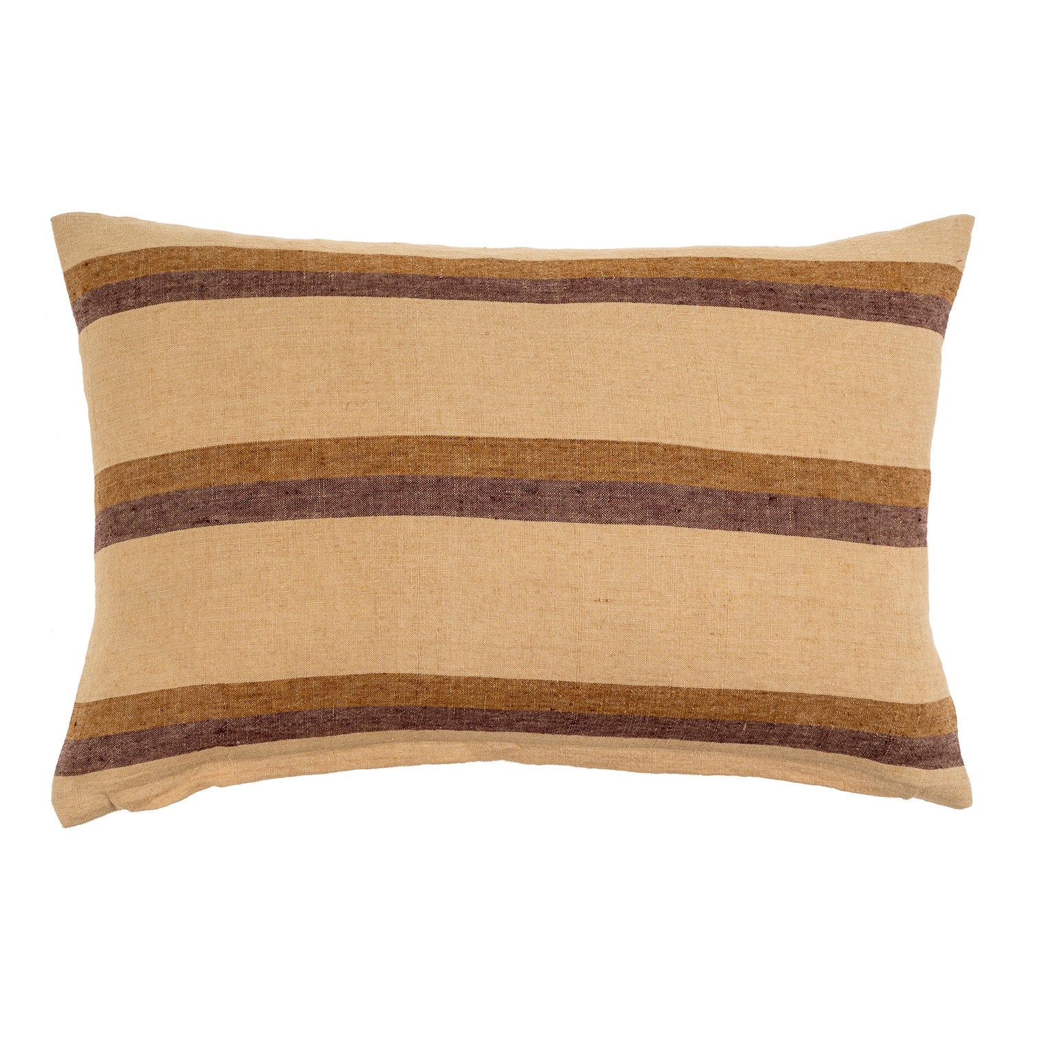 The Cedric Linen Pillow by Indaba is a rectangular 24-inch pillow in beige, featuring horizontal stripes in brown and dark brown across its textured linen surface. The stripes vary in width, adding visual interest to the pillow, which is displayed against a plain white background.