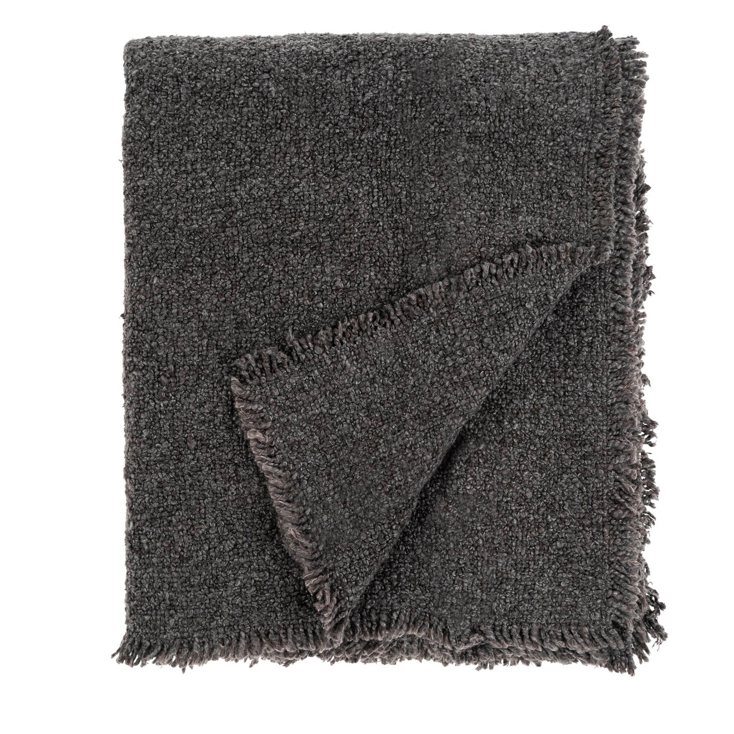 The Indaba Fringed Boucle Throw, crafted from a dark gray woven linen blend, features frayed edges along its borders. Displayed against a white backdrop, this folded blanket highlights its soft and cozy texture.