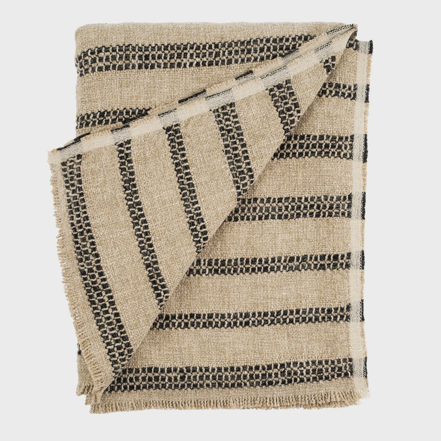 The Tahoe Striped Throw by Indaba is a tan, handwoven piece that showcases black horizontal stripes. Its edges boast a delicate eyelash fringe, adding to the throw's rustic texture and design. This combination of color and pattern brings a classic and cozy aesthetic to any home decor.