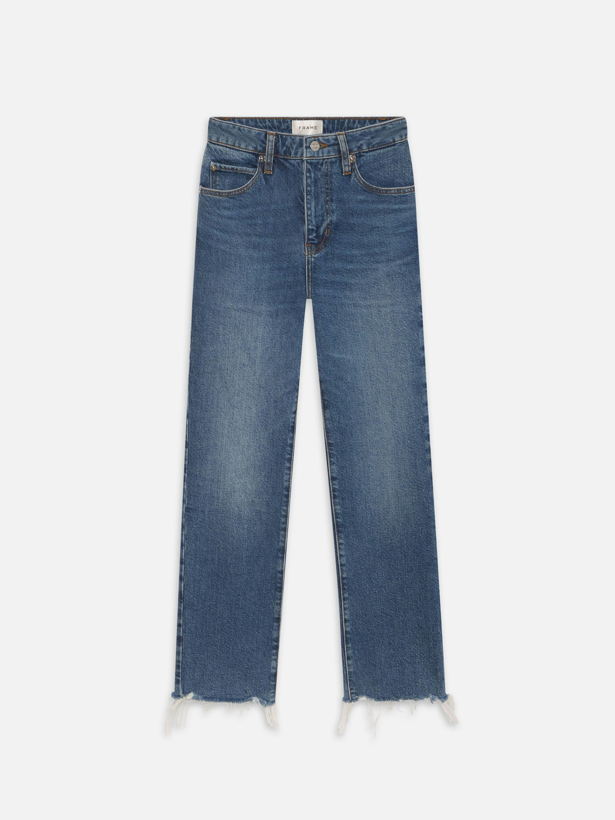 The Ruler Crop jeans by FRAME feature a blue wash, high waist, slim-straight leg, classic five-pocket design, and cropped frayed hem, displayed flat on a white background.