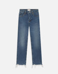 The Ruler Crop jeans by FRAME feature a blue wash, high waist, slim-straight leg, classic five-pocket design, and cropped frayed hem, displayed flat on a white background.