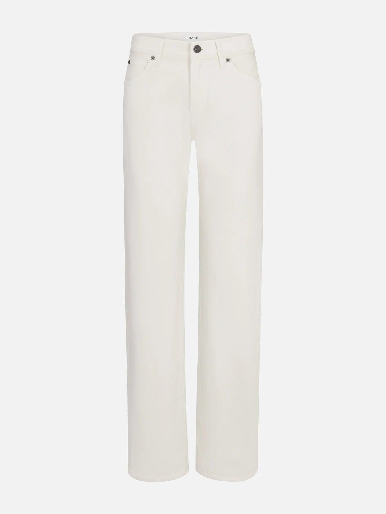 The Saturday Jean by FRAME: white, low-rise straight-leg jeans in 100% cotton rigid denim with five pockets, belt loops, and a front button-zip closure. Shown on a plain white background.