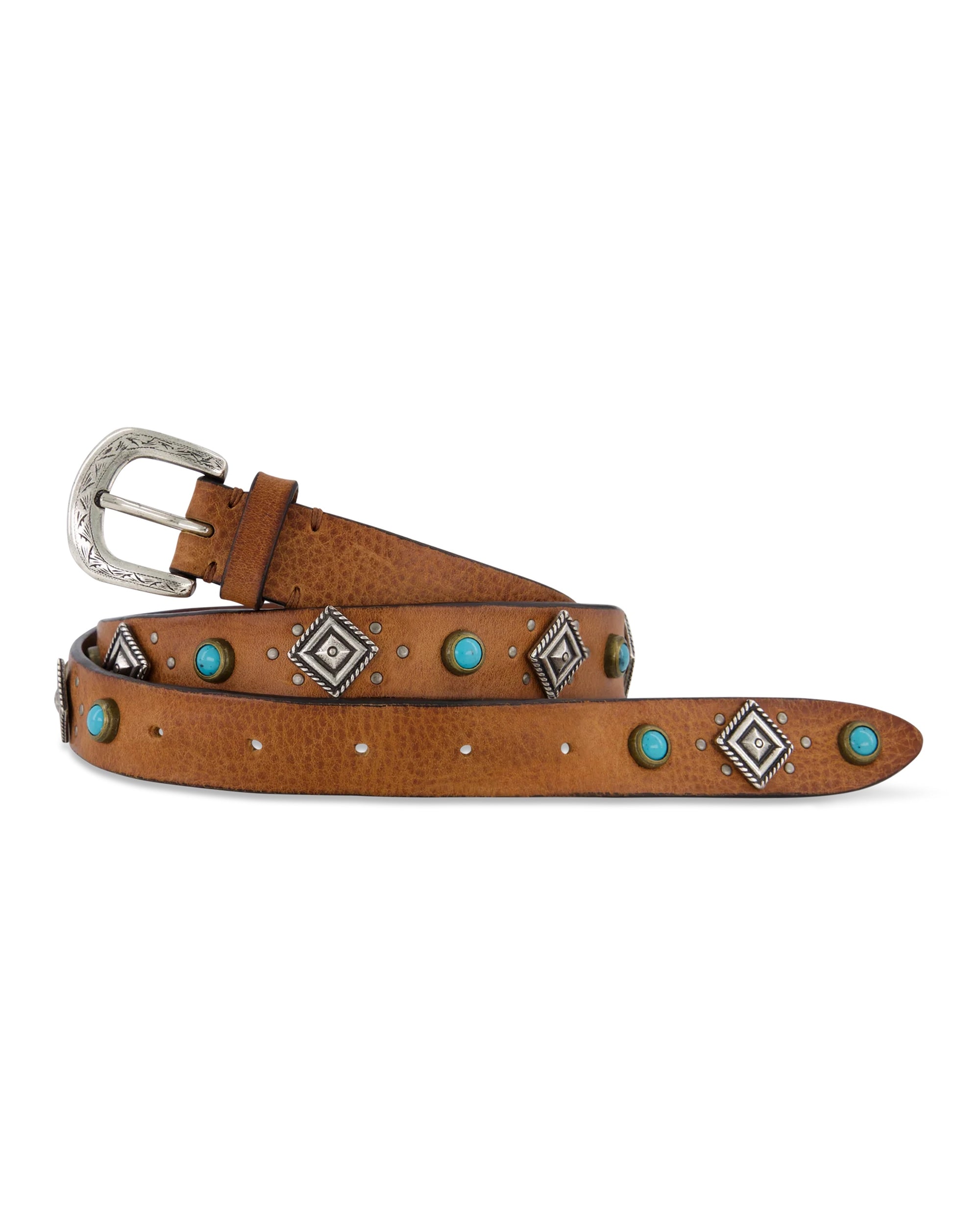 The Post & Co Brown /Turquoise Belt features a coiled brown leather design with a silver engraved buckle, turquoise stones, and diamond-shaped studs.