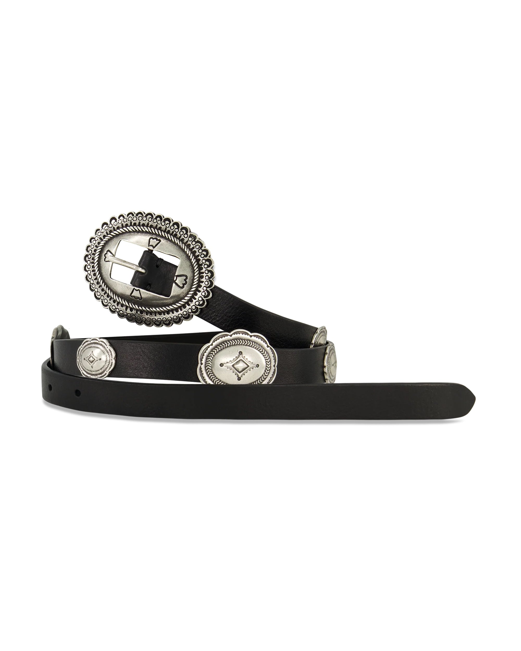 The 10784 Lux Seppia Belt by Post & Co is a black leather belt with ornate silver oval conchos and a matching engraved buckle. To preserve its beauty, store it properly. Shown partially coiled on a white background.