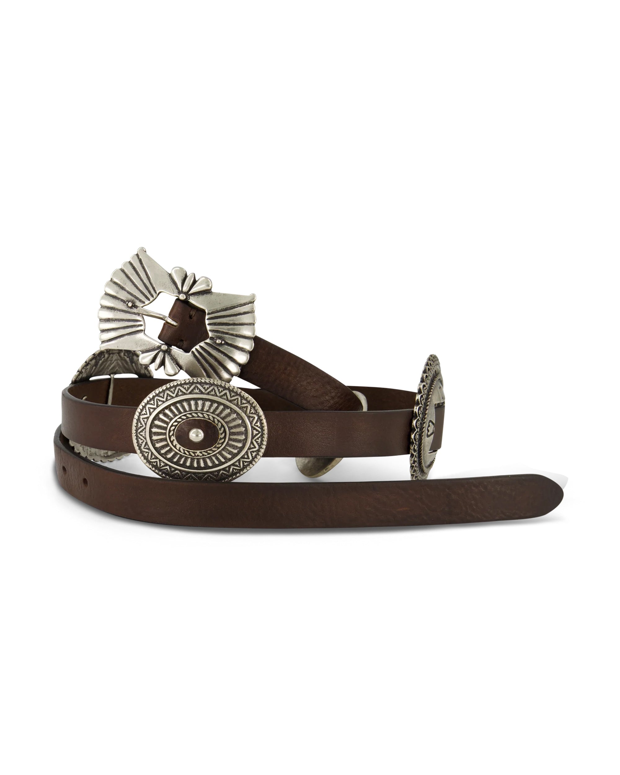 The Post & Co 10785 Testa T.Moro Belt features brown leather with ornate silver-engraved conchos and a large decorative buckle. Store it properly and follow care instructions to maintain its quality and appearance.