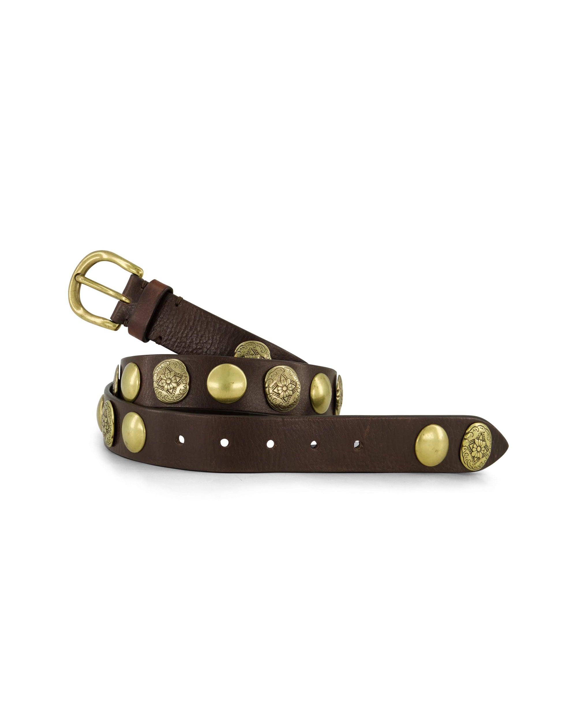 The 10938 Lux T.Moro Belt by Post & Co is a brown leather belt with gold circular studs, a gold buckle, and engraved decorative patterns. Coiled in a loose spiral, it’s ideal for stylish display or convenient storage.