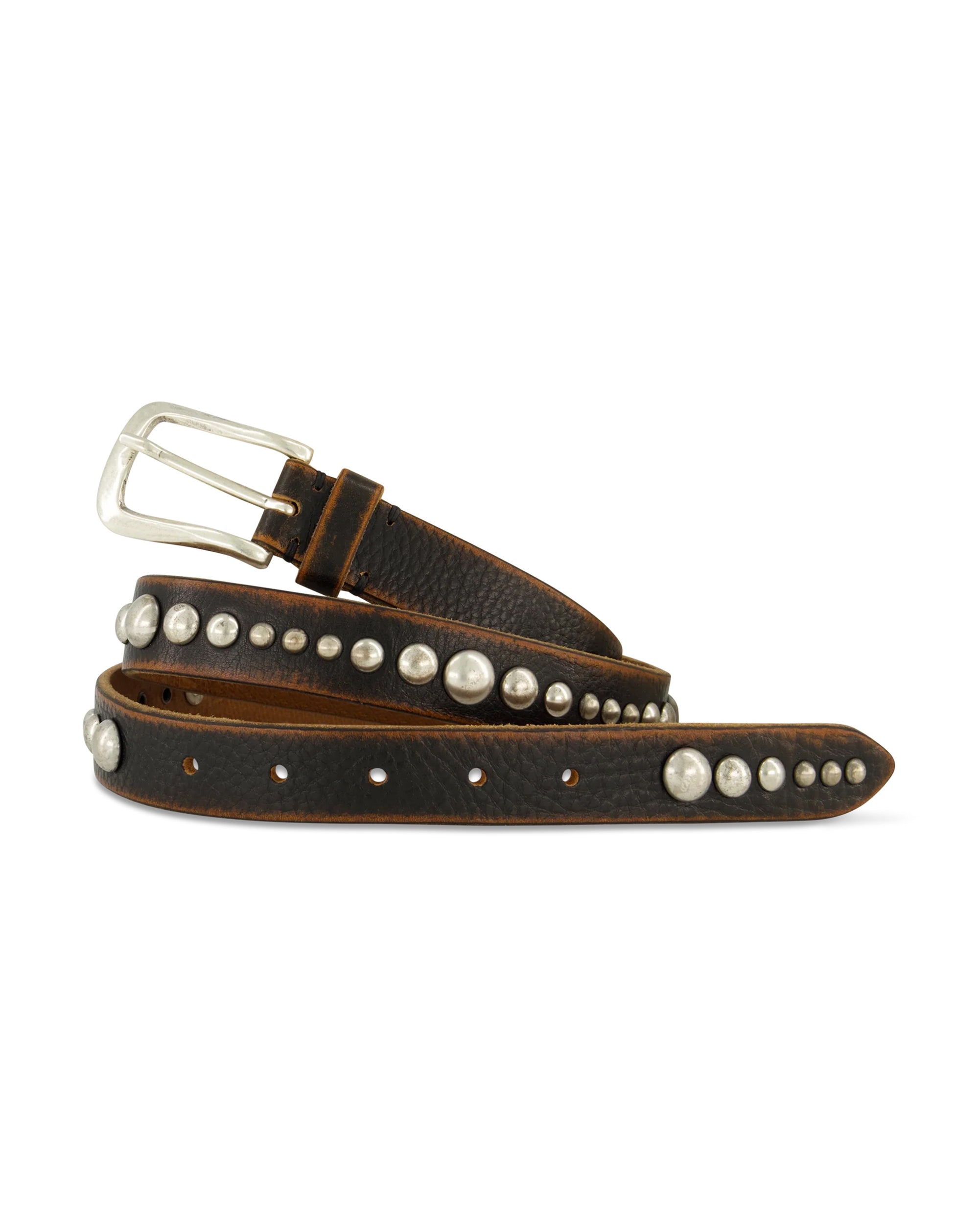 The 10957 Asportabile Belt by Post & Co features black leather with silver round studs and a silver buckle, displayed coiled with visible holes and brown edging. For lasting quality, follow care and storage guidelines.