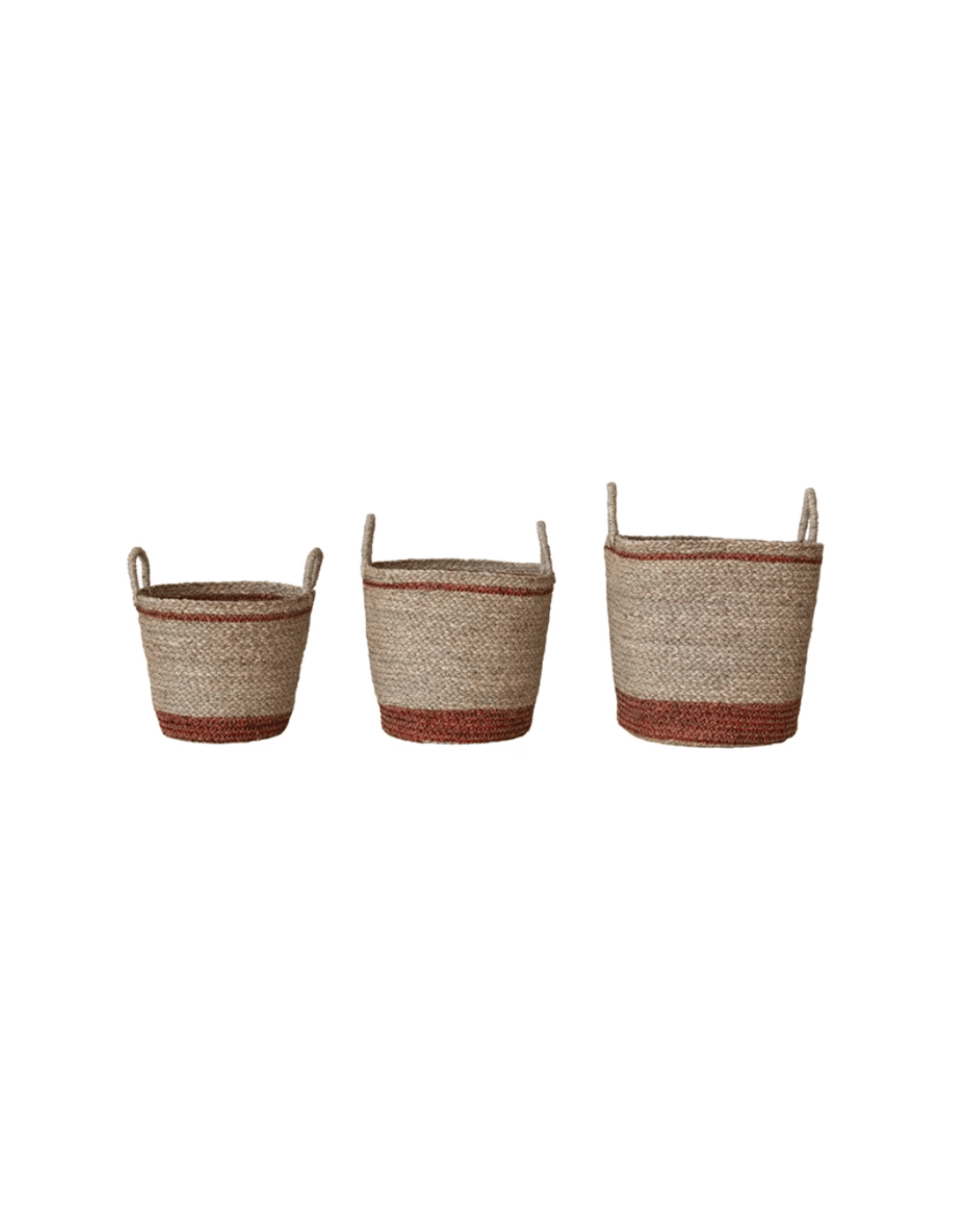 Three Seagrass Baskets with Brown Stripe & Handles by Creative Co-op, in different sizes, lined up and featuring brown and natural hues, each styled in a bungalow theme against a white background.