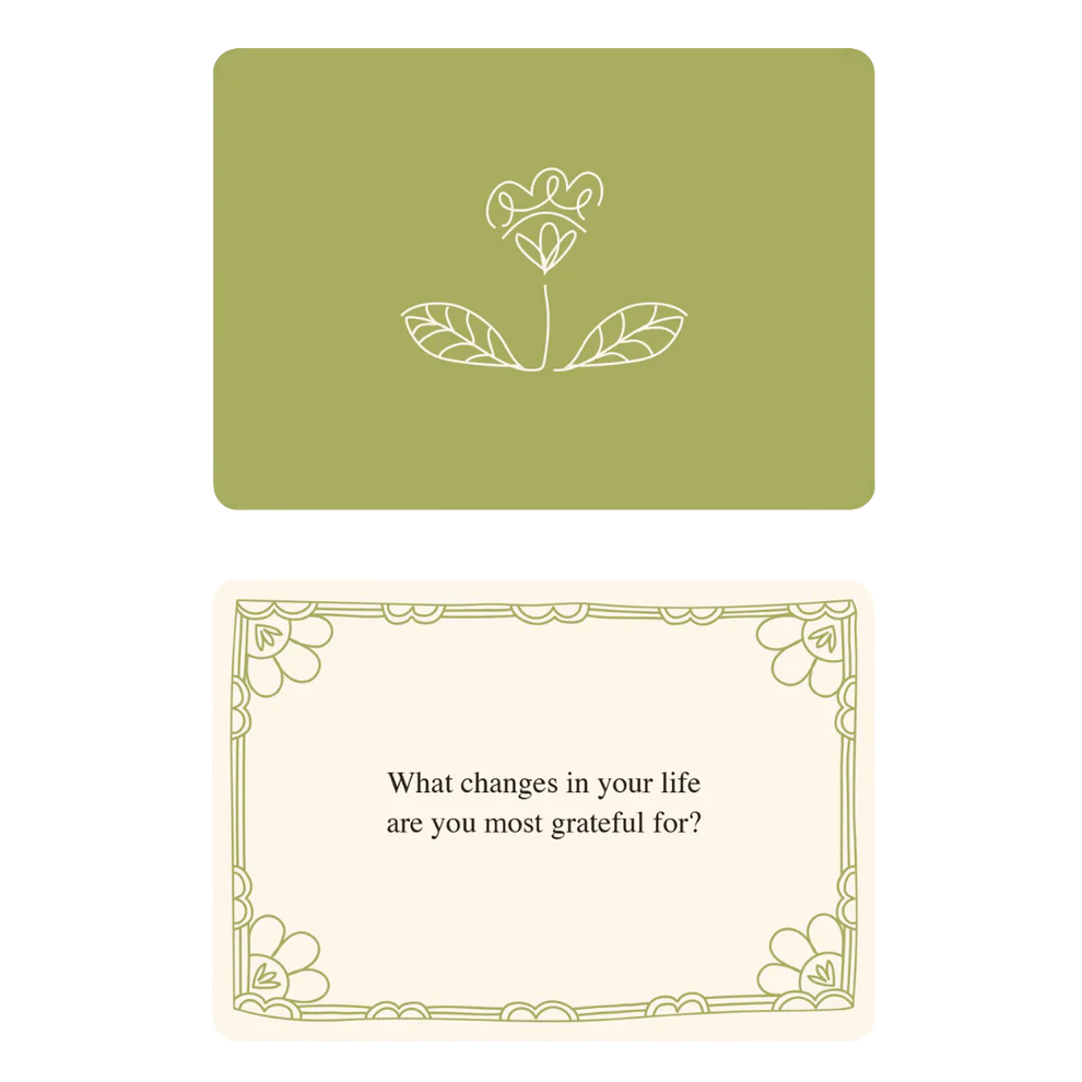 Rupi Kaur's Writing Prompts Gratitude by Simon & Schuster Inc. includes an olive green card with a white flower drawing and a cream card asking, "What changes in your life are you most grateful for?"—ideal for gratitude journaling.