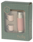 Pink Maileg thermos with two white cups in a green box, styled for hiker mice play, by Bungalow Furniture & Accessories.