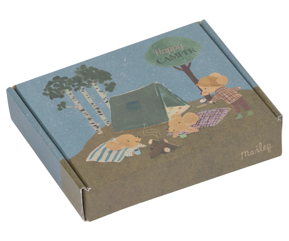 The Maileg Happy Camper Single Tent box shows mice camping in a tent, with a campfire, birch trees, and a "Happy Camper" sign. "Maileg" is printed in the corner.