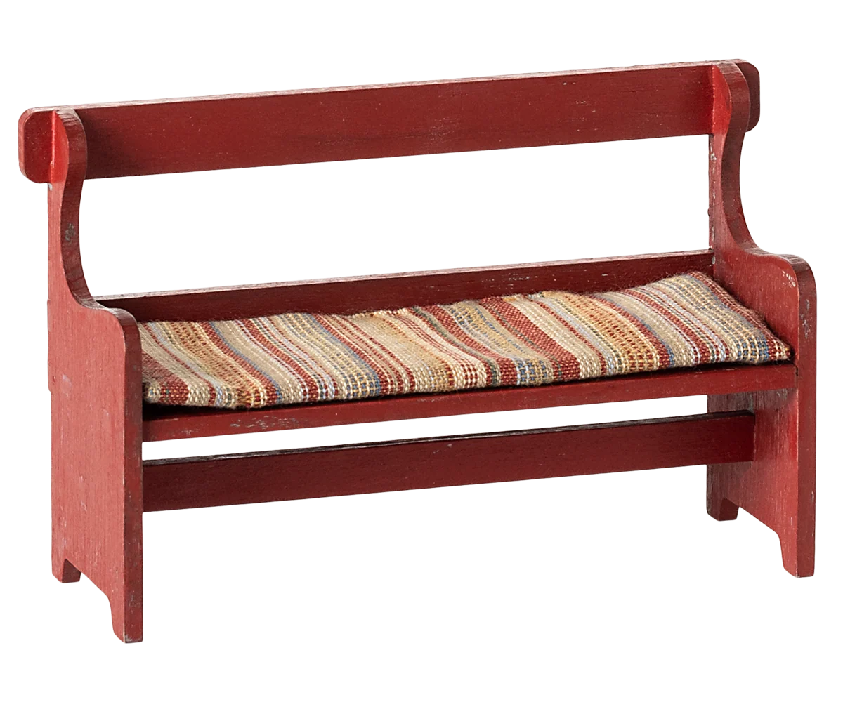 Red Maileg wooden mouse bench with striped cushion, perfect for dollhouse play, from Bungalow Furniture & Accessories.