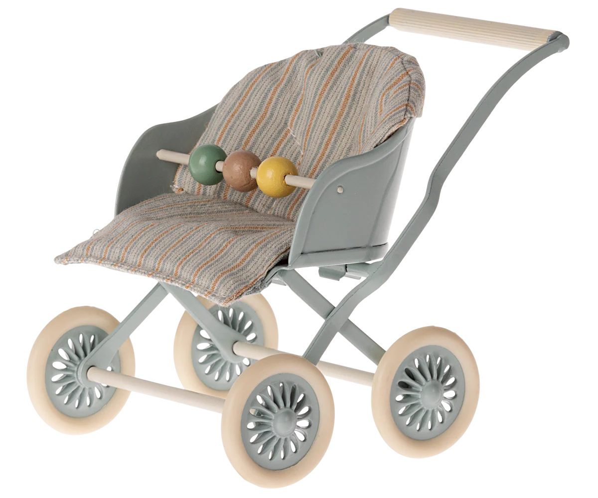 The Maileg Baby Stroller by Maileg is a small toy double stroller with a light gray frame, beige handle, cushioned striped seat, four cream wheels, and three wooden beads—perfect for pretend play with multiple babies.