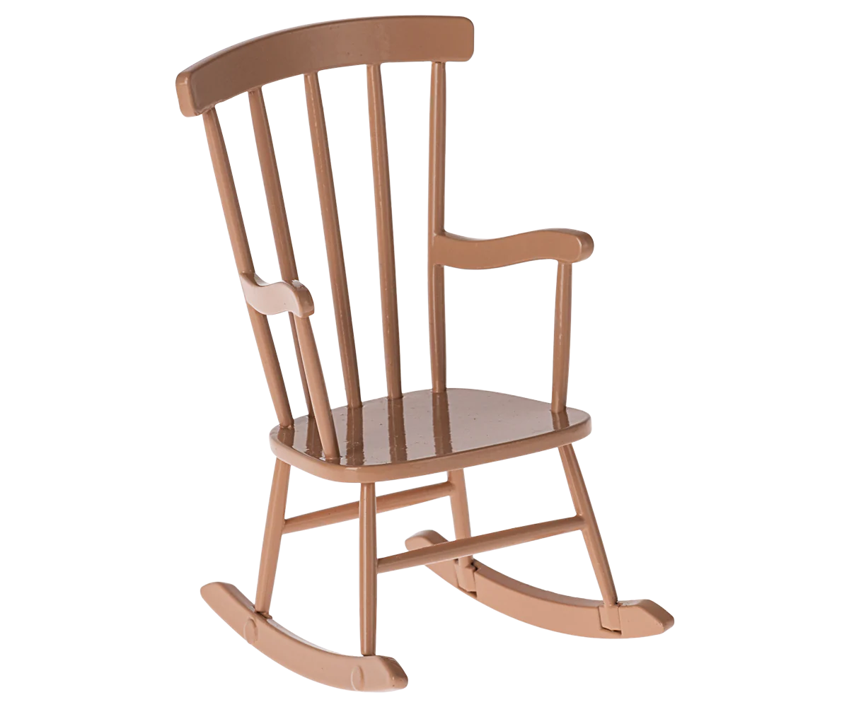 The Maileg Furniture by Maileg is a charming light brown wooden rocking chair with vertical slats and curved rockers, ideal for dollhouse decor or as a seat for your Maileg Mouse, shown on a plain white background.