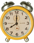 The Maileg Alarm Clock is a yellow vintage-style metal clock with black hands and numbers, displaying 8:00. "REPEAT" and "ALARM" are printed on the face, enhancing its classic twin-bell charm.