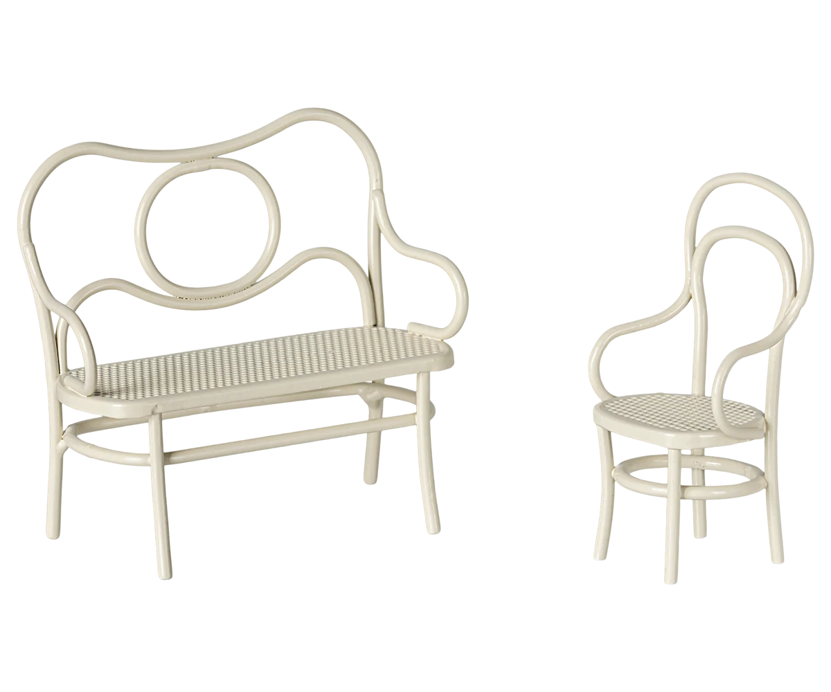 Cream bench and chair set with wavy backs by Maileg, perfect for Brother &amp; Sister mice dollhouse furniture.