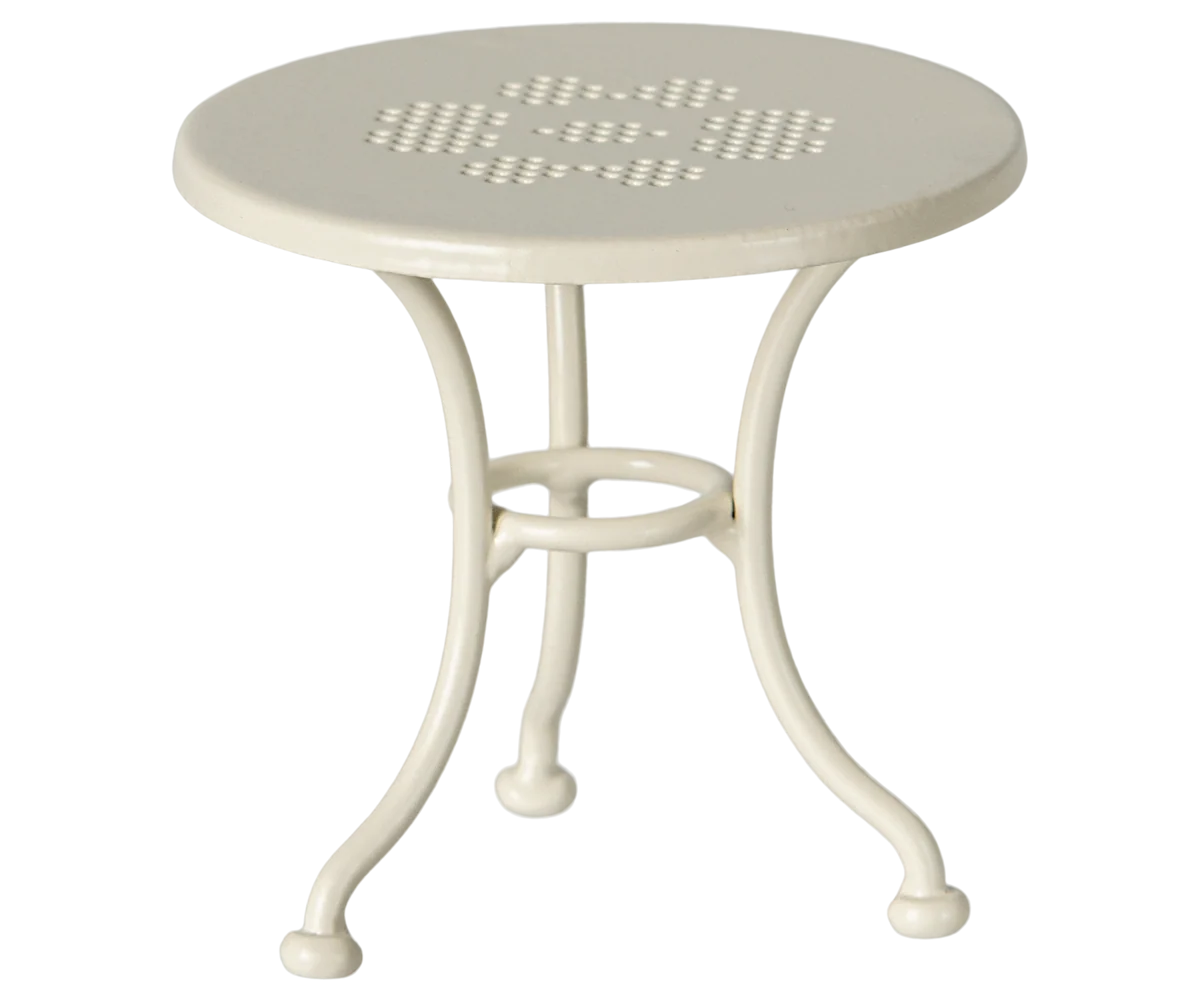 Small round white metal café table with perforated top by Maileg, charming mouse furniture for playrooms.