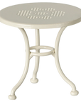 Small round white metal café table with perforated top by Maileg, charming mouse furniture for playrooms.