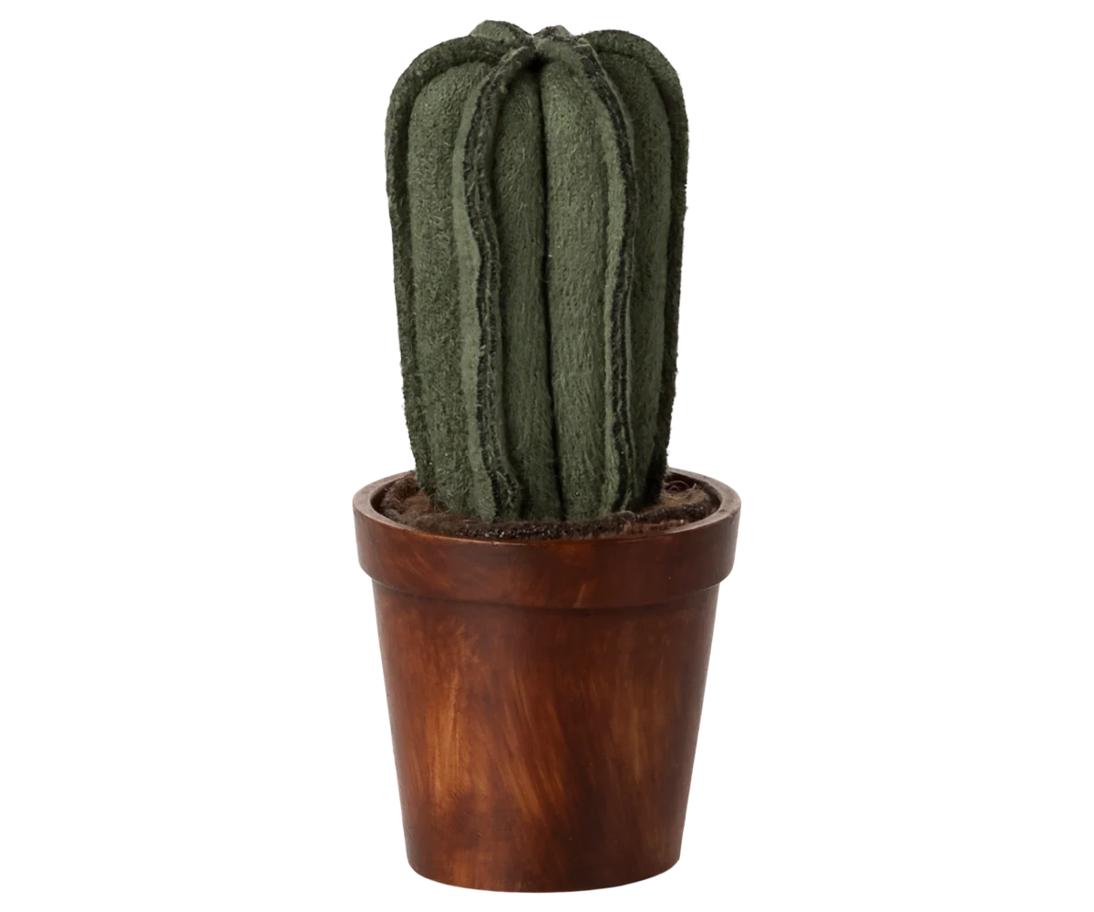 The Maileg Furniture plush green cactus toy by Maileg features a ribbed texture and sits in a brown pot, making it perfect as cute dollhouse furniture for your Maileg Mouse collection.