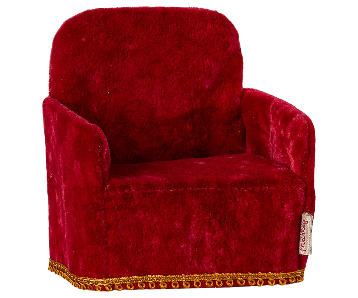 Red velvet folding chair with gold trim by Maileg, perfect for dollhouse or Mouse hole Farmhouse decor.