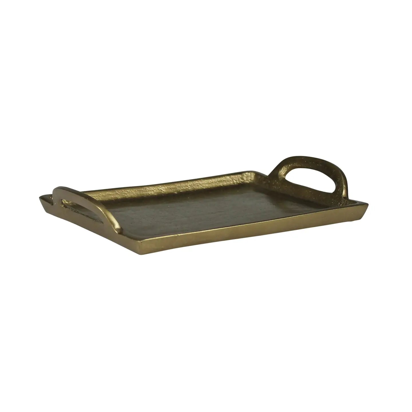 The HomArt Fitz Tray Handles Brass is a contemporary rectangular brass tray featuring raised edges and sturdy handles on the shorter sides, with a slightly textured surface. It's simple yet elegant, making it ideal for both serving and decorative purposes.