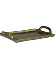 The HomArt Fitz Tray Handles Brass is a contemporary rectangular brass tray featuring raised edges and sturdy handles on the shorter sides, with a slightly textured surface. It's simple yet elegant, making it ideal for both serving and decorative purposes.