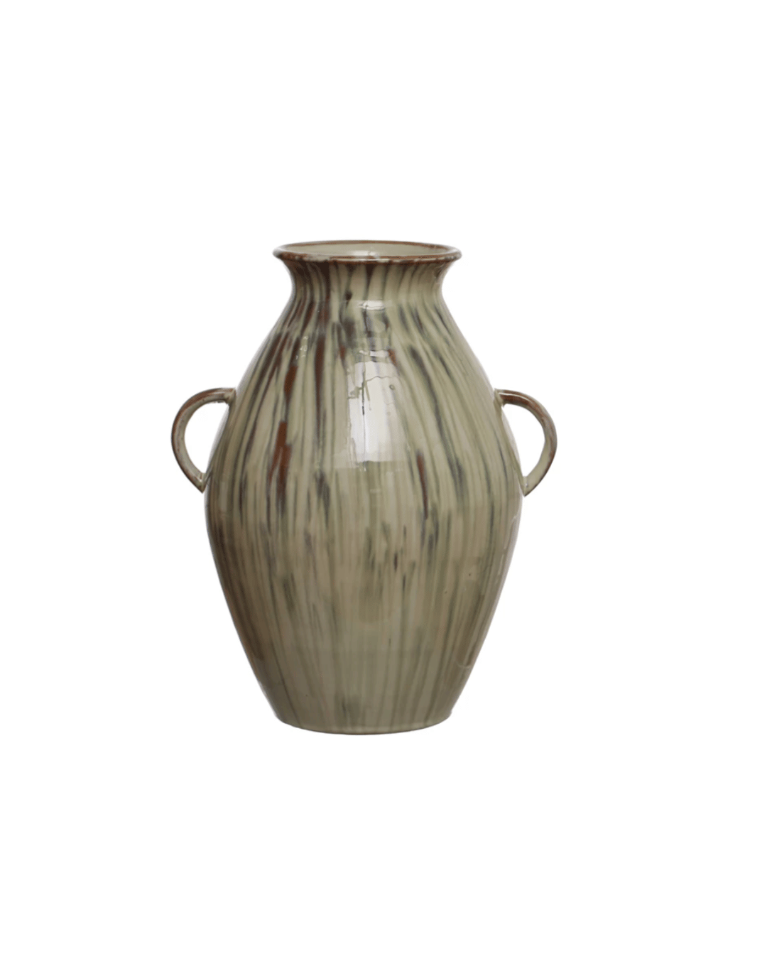 An elegant stoneware vase with a smooth, elongated body and a narrow neck, featuring streaks of green and brown glaze, reminiscent of the natural tones found in Scottsdale, Arizona. It has two small handles near the top, set against a plain white background by Creative Co-op.
