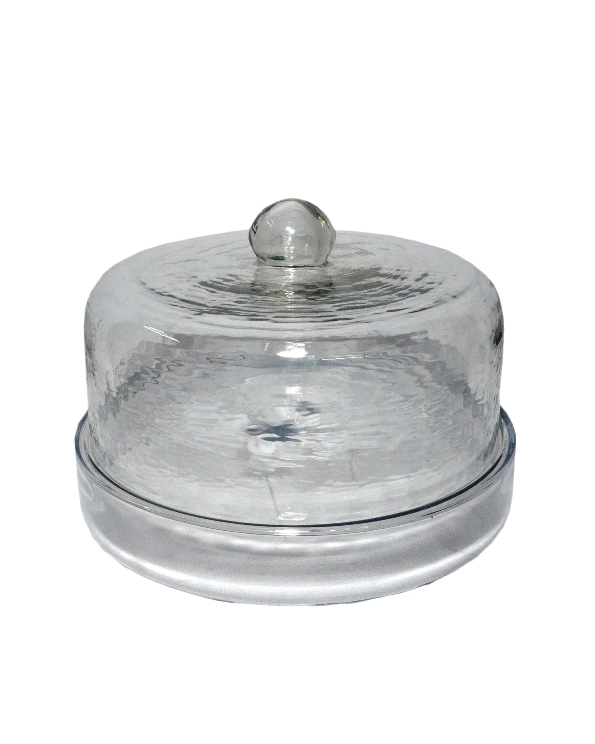 The BIDK Home Glass Cake Dome is an eco-friendly, recycled glass stand with a round base and matching dome lid featuring a knob handle and a beautifully textured surface.
