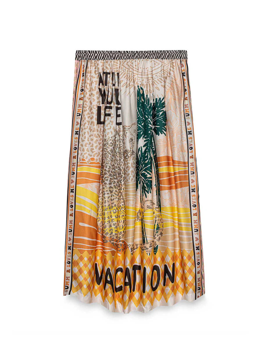 The Elizabeth Midi Skirt by Me369 is a colorful pleated midi with an elastic waist, palm tree and animal prints, bold "VACATION" text, and patterned stripes in orange, yellow, beige, and green—perfect for summer.