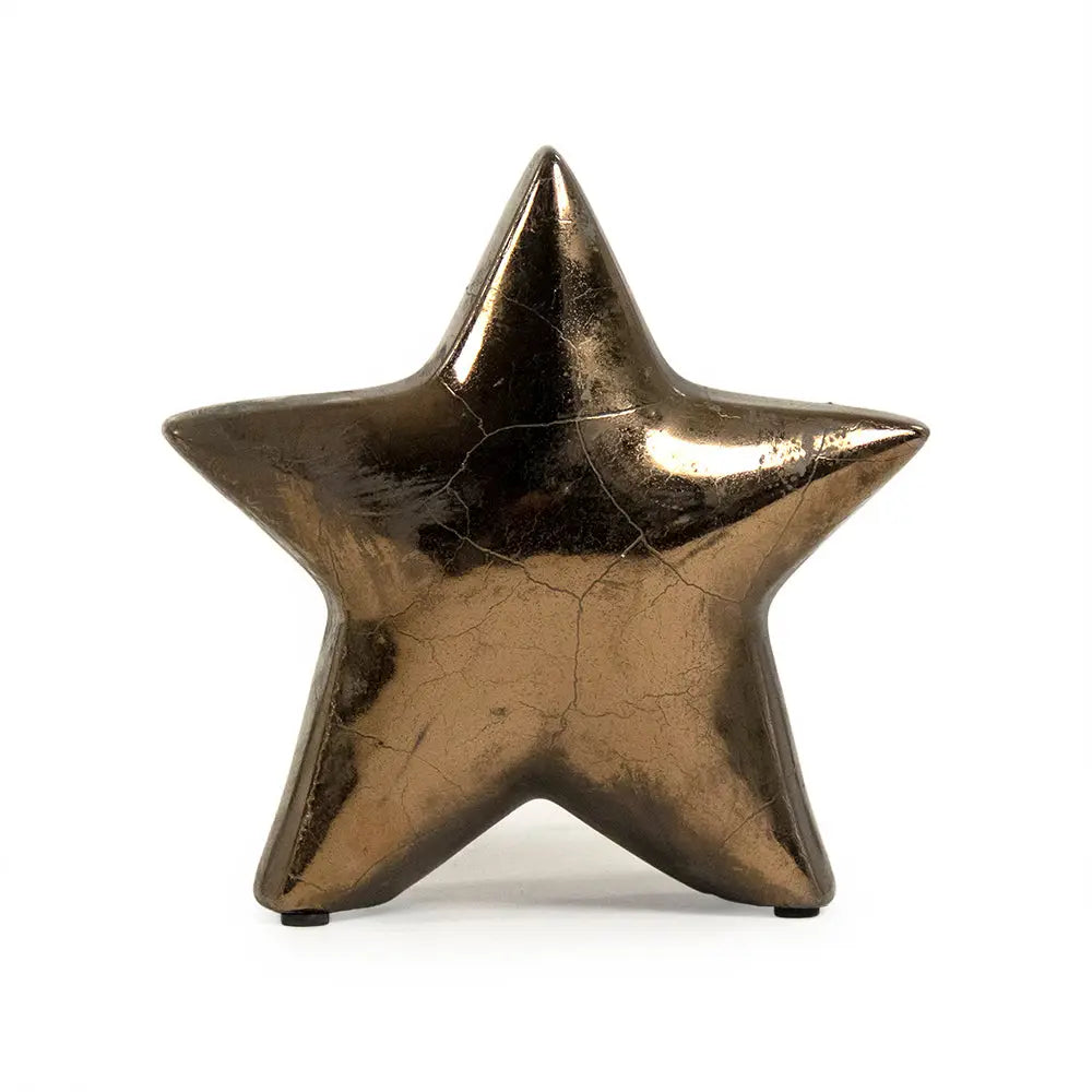 The Zentique Distressed Bronze Star - Small features a smooth, shiny surface with subtle cracks, ideal for adding unique home decor flair. Displayed against a plain white background.