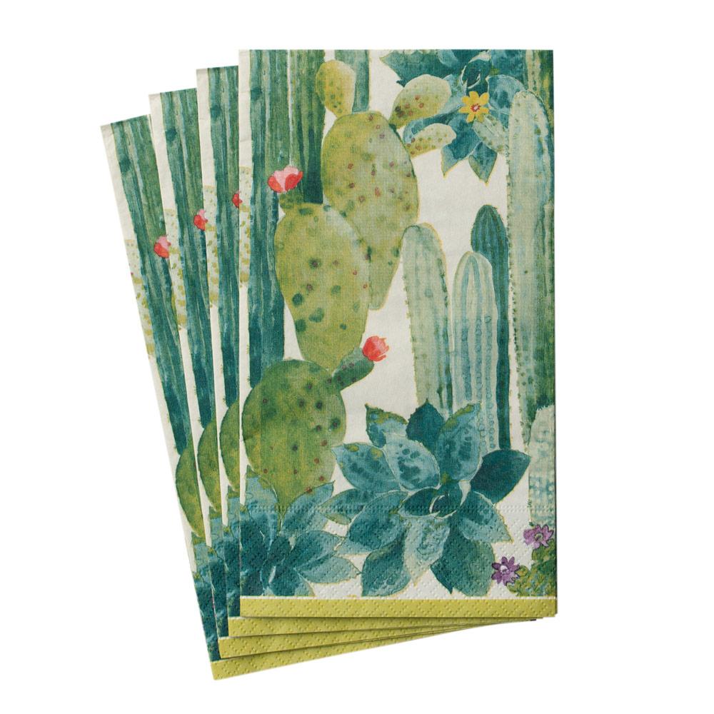 The Culiko Guest Towel by Caspari, Inc. features four eco-friendly, folded napkins adorned with vibrant prickly pear, agave, and succulent illustrations with small flowers on a white background.
