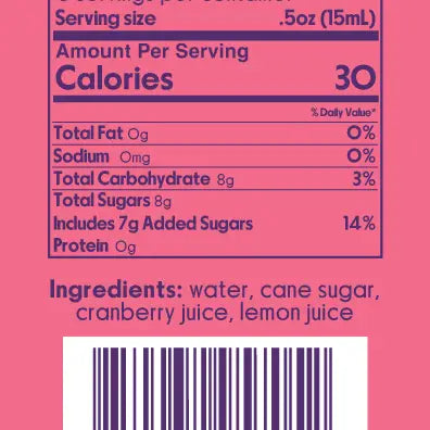The Faire Cranberry Syrup 4oz has a nutrition label showing 30 calories, 8g carbs, 7g added sugar, and 0g fat or sodium per 0.5 oz serving, making it perfect for festive drinks like Cosmopolitans with its simple ingredients.