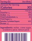 The Faire Cranberry Syrup 4oz has a nutrition label showing 30 calories, 8g carbs, 7g added sugar, and 0g fat or sodium per 0.5 oz serving, making it perfect for festive drinks like Cosmopolitans with its simple ingredients.