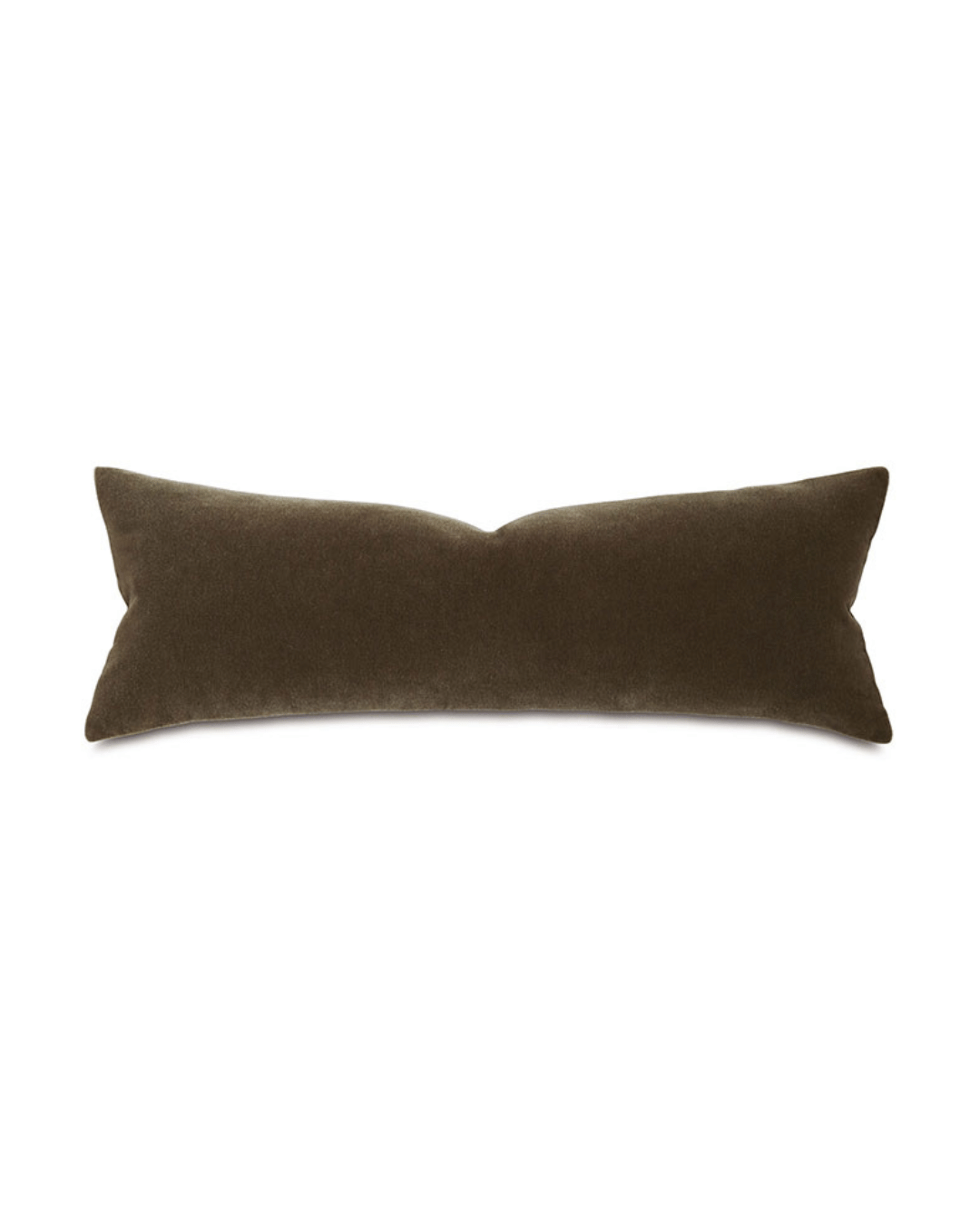 The Trillium Mohar 13X36 pillow by Eastern Accents, featuring a long, rectangular design in brown velvet and a plush pillow insert, is displayed against a white background. The pillow's smooth surface is complemented by slightly tapered ends.