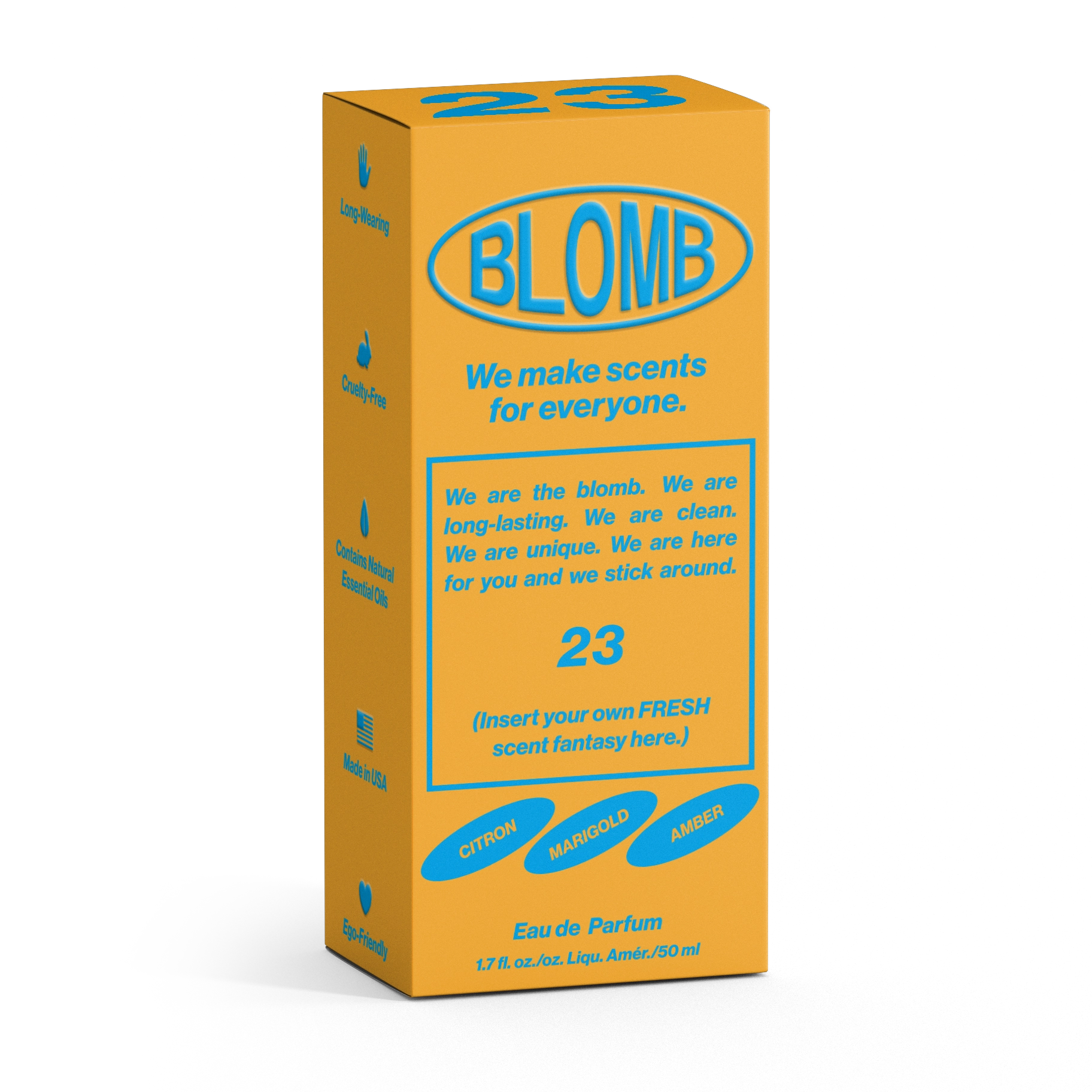 A yellow and blue perfume box labeled "Blomb Eau de Parfum" by Faire reads, “We make scents for everyone.” Scent notes: citron, marigold, bergamot, skin musk. The box invites you to insert your own FRESH scent fantasy here.