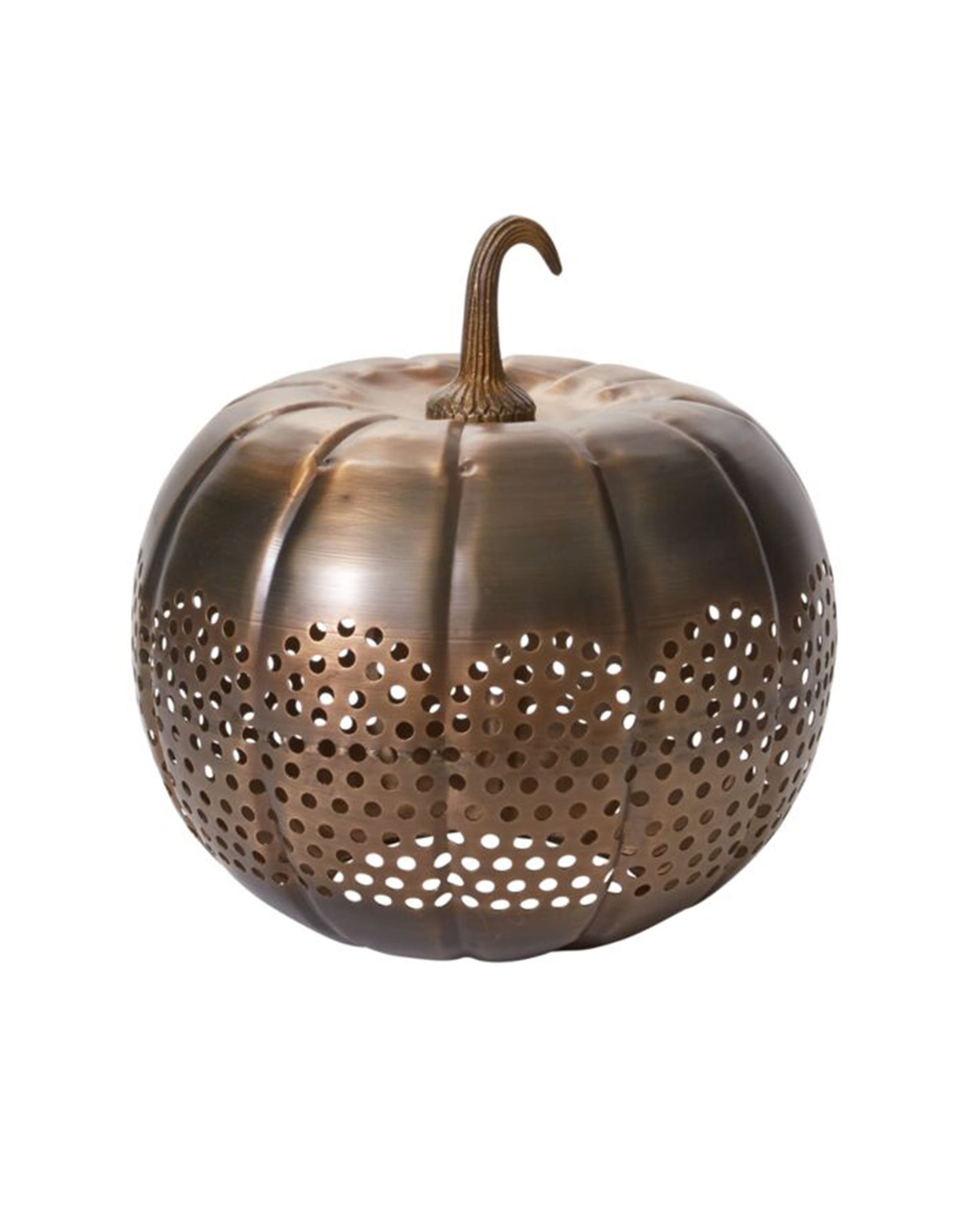 The Accent Decor Harvest Pumpkin Lantern 14x14 features a bronze finish, cut-out perforated pattern on the lower half, and a curved stem, adding charm to any setting against a white background.