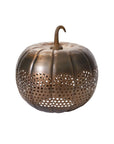 The Accent Decor Harvest Pumpkin Lantern 14x14 features a bronze finish, cut-out perforated pattern on the lower half, and a curved stem, adding charm to any setting against a white background.