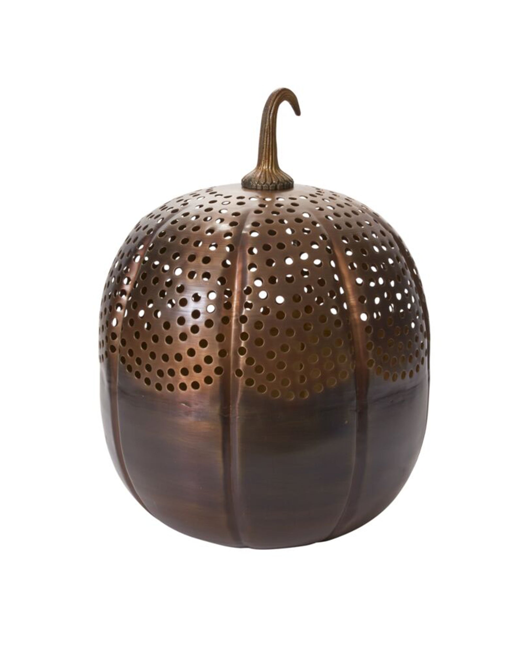 The Accent Decor Harvest Pumpkin Lantern 13x18 features a metallic pumpkin shape with a bronze finish, vertical grooves, a curved stem, and round holes—perfect as fall porch decor.