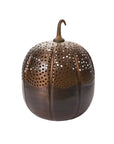 The Accent Decor Harvest Pumpkin Lantern 13x18 features a metallic pumpkin shape with a bronze finish, vertical grooves, a curved stem, and round holes—perfect as fall porch decor.